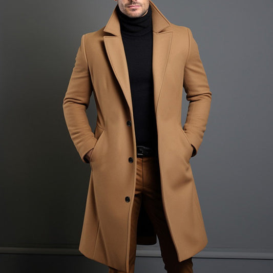 Men's Solid Color Lapel Single-Breasted Long Coat