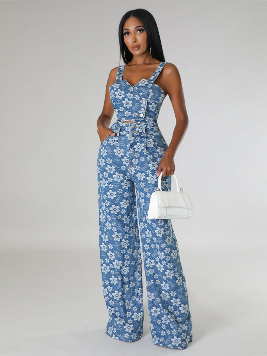 Denim Jacquard Wrap Top and Wide-Leg Pants Suit