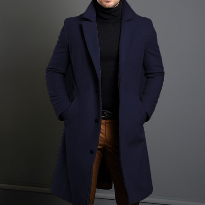 Men's Solid Color Lapel Single-Breasted Long Coat