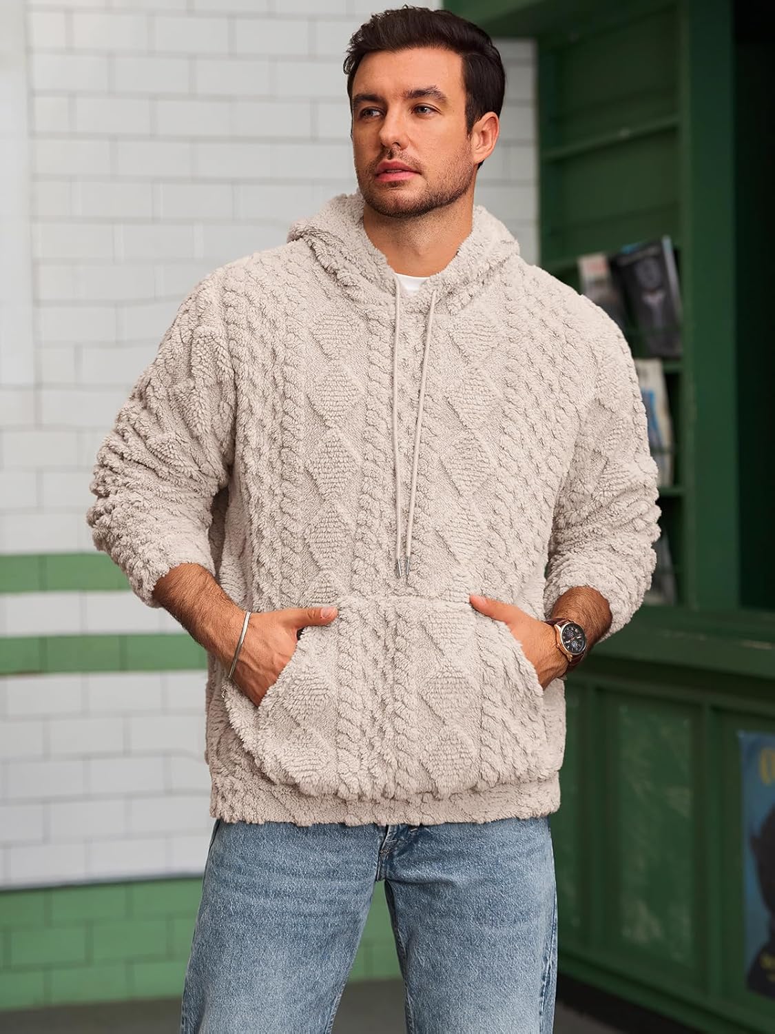 Men's Fuzzy Sherpa Hoodie Pullover Sweatshirt with Front Pocket - Long Sleeve Textured Outerwear for Fall and Winter