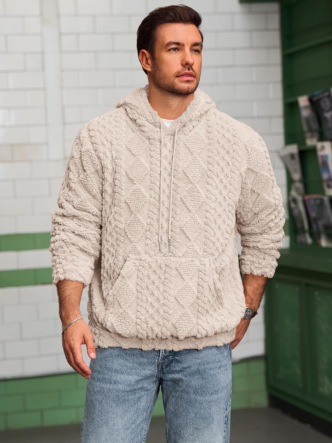 Men's Fuzzy Sherpa Hoodie Pullover Sweatshirt with Front Pocket - Long Sleeve Textured Outerwear for Fall and Winter