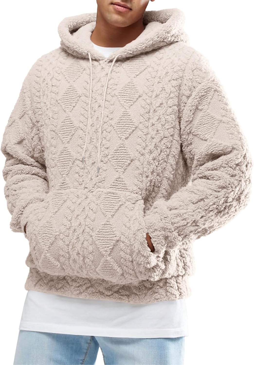 Men's Fuzzy Sherpa Hoodie Pullover Sweatshirt with Front Pocket - Long Sleeve Textured Outerwear for Fall and Winter