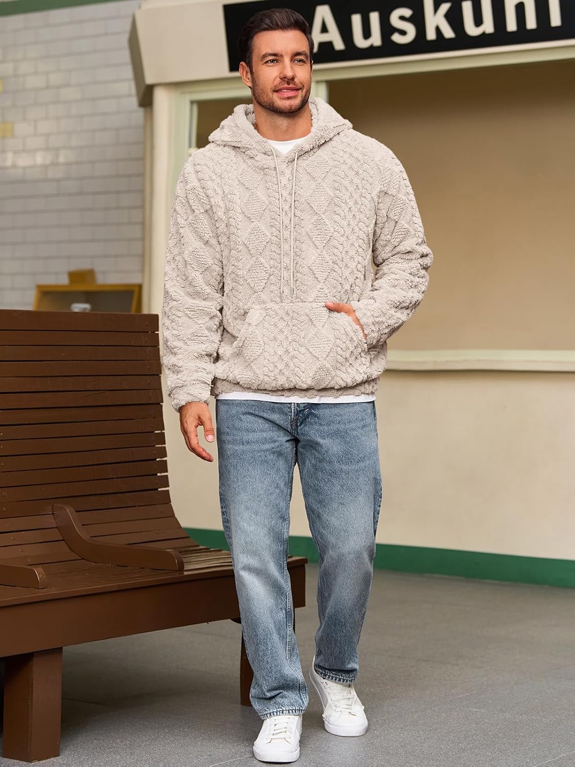 Men's Fuzzy Sherpa Hoodie Pullover Sweatshirt with Front Pocket - Long Sleeve Textured Outerwear for Fall and Winter