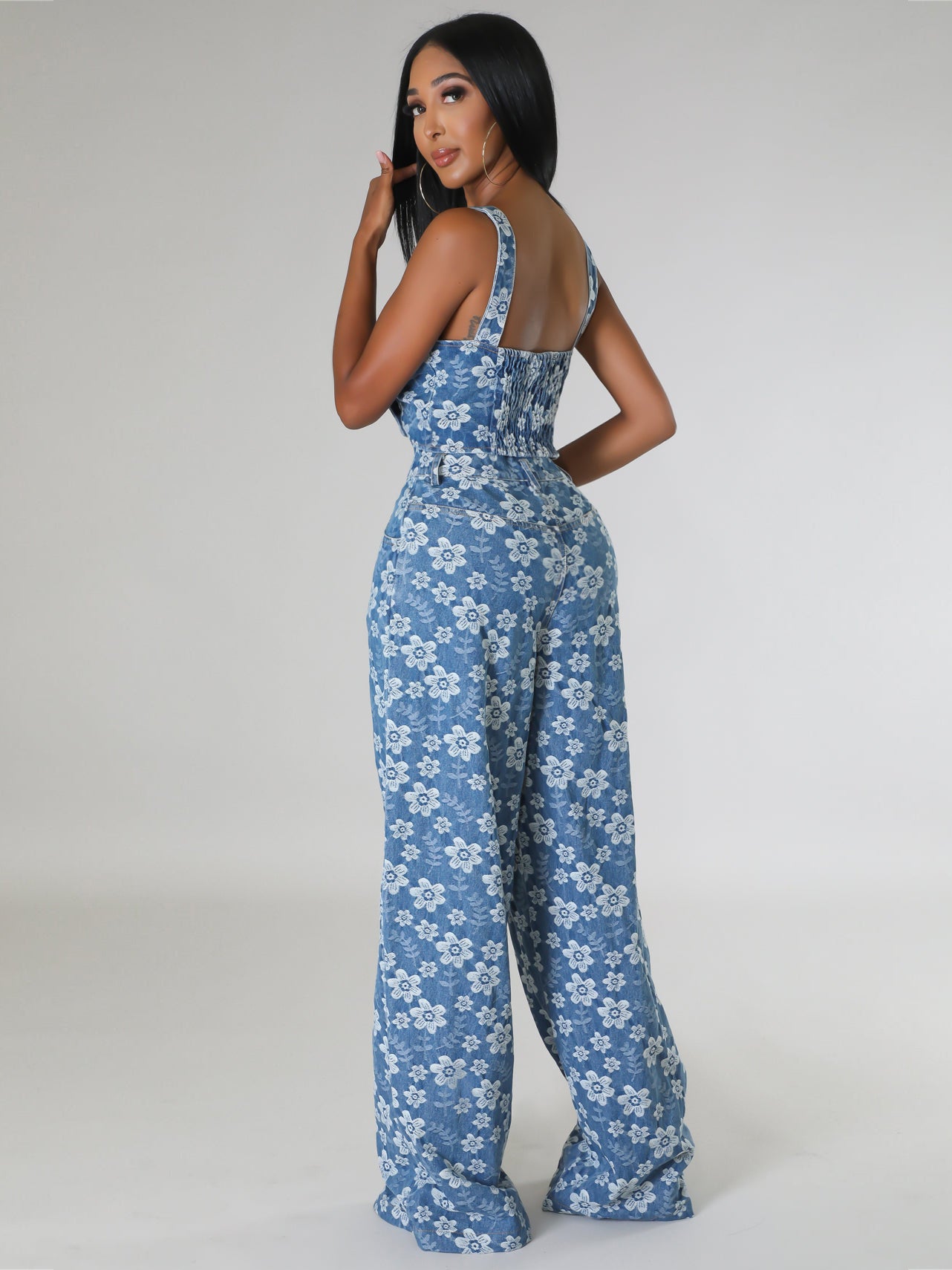 Denim Jacquard Wrap Top and Wide-Leg Pants Suit