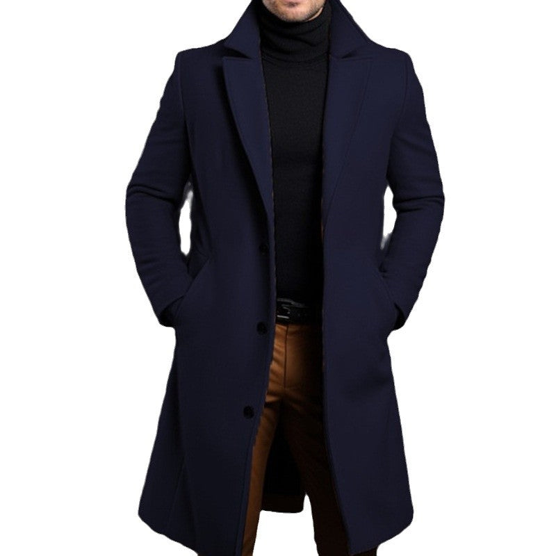 Men's Solid Color Lapel Single-Breasted Long Coat