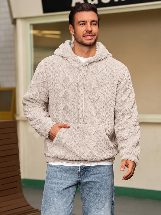 Men's Fuzzy Sherpa Hoodie Pullover Sweatshirt with Front Pocket - Long Sleeve Textured Outerwear for Fall and Winter