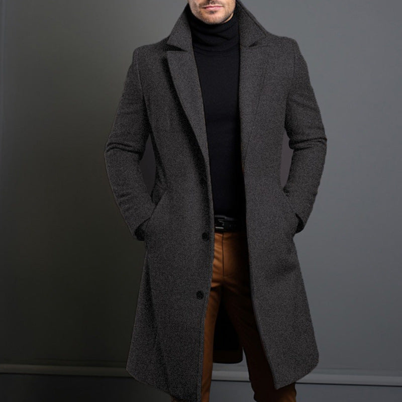 Men's Solid Color Lapel Single-Breasted Long Coat