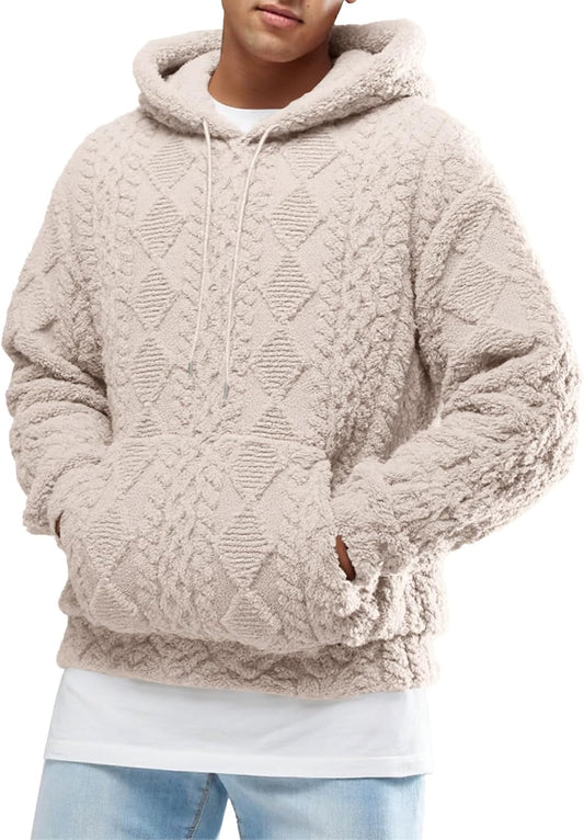 Men's Fuzzy Sherpa Hoodie Pullover Sweatshirt with Front Pocket - Long Sleeve Textured Outerwear for Fall and Winter