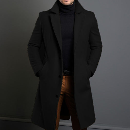 Men's Solid Color Lapel Single-Breasted Long Coat